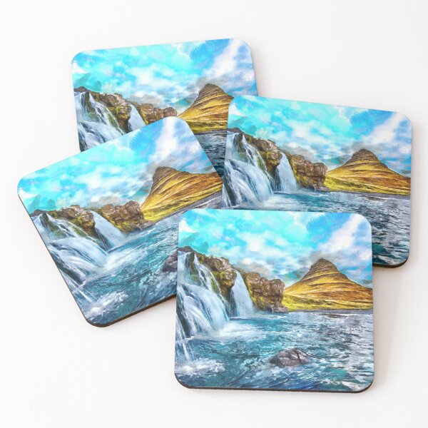 Item preview, Beautiful Iceland Waterfalls with a lake overlooked by a hill Digital Painting designed and sold by NeavesPhoto.