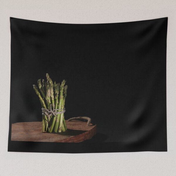 Item preview, Green asparagus bunch on wooden board aesthetic designed and sold by wineandwords.