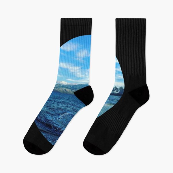 Item preview, Blue Ocean Summer Beach Waves With Green Mountains And Palm Trees At The Back Under The Clear Blue S designed and sold by BuckridgeHunter.