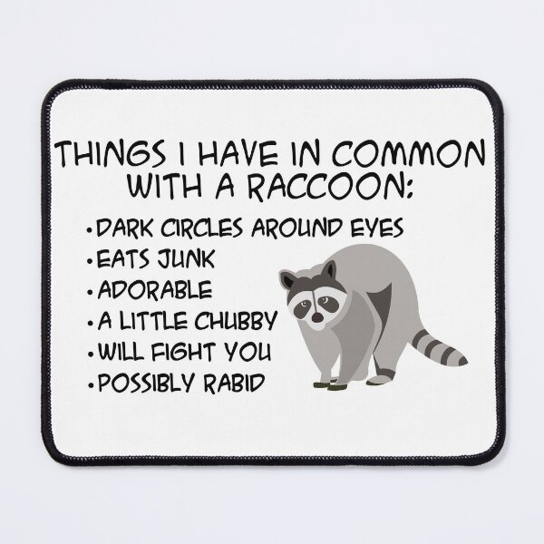 Item preview, Things i have in common with a raccoon, dark circles around eyes, eats junk, adorable, a little chubby, will fight you, possibly rabid designed and sold by digerati.