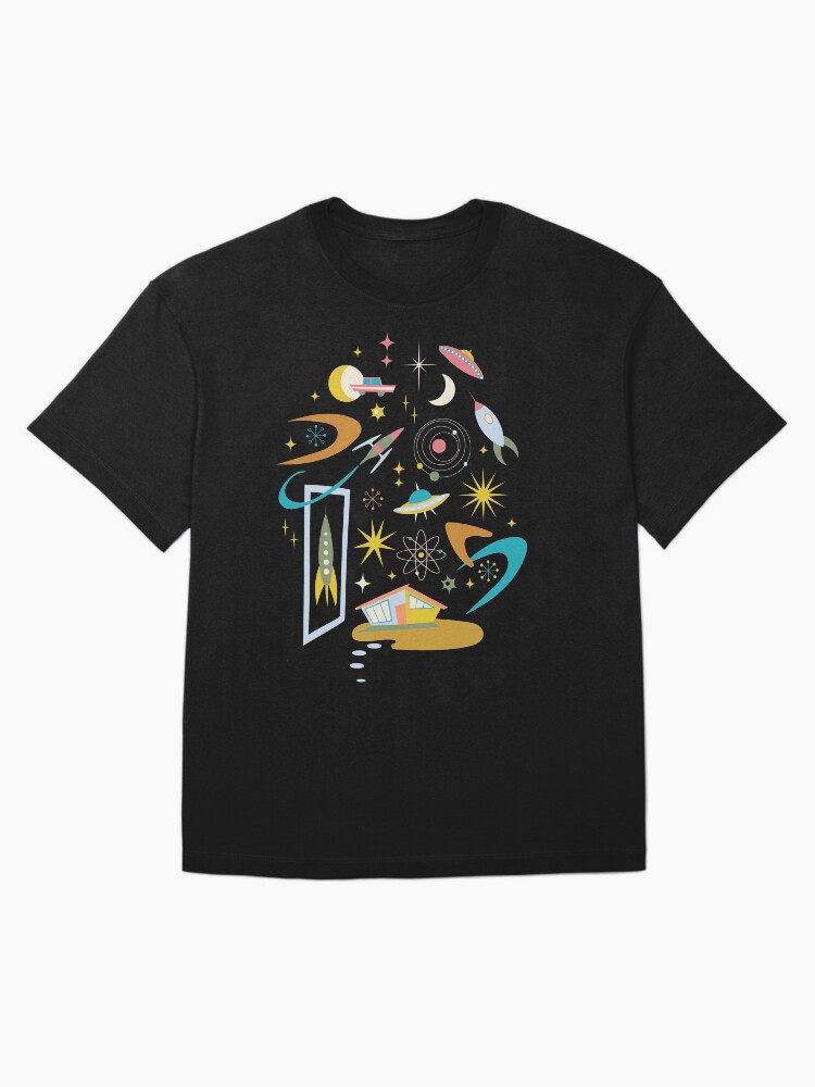 Thumbnail 3 of 7, Oversized T-Shirt, Mid Century Architecture in Space - Retro design in pastels on Navy by Cecca Designs designed and sold by Cecca-Designs.