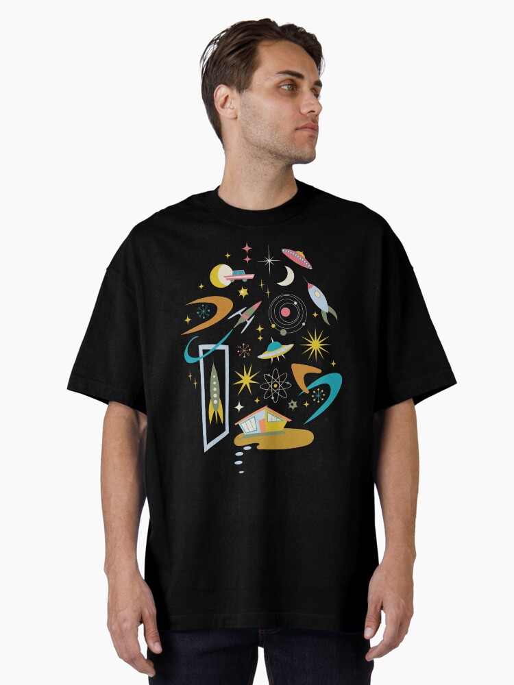 Thumbnail 1 of 7, Oversized T-Shirt, Mid Century Architecture in Space - Retro design in pastels on Navy by Cecca Designs designed and sold by Cecca-Designs.
