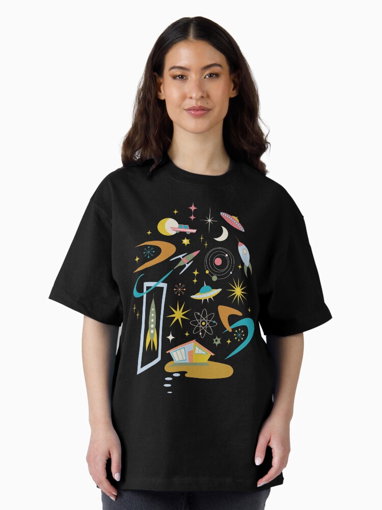Thumbnail 2 of 7, Oversized T-Shirt, Mid Century Architecture in Space - Retro design in pastels on Navy by Cecca Designs designed and sold by Cecca-Designs.