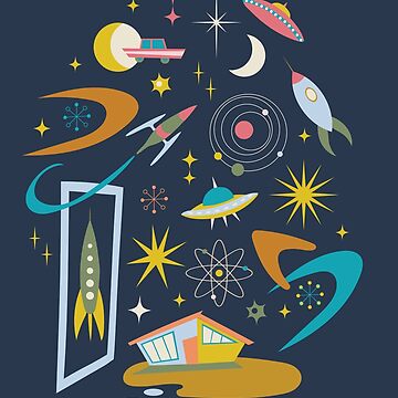 Artwork thumbnail, Mid Century Architecture in Space - Retro design in pastels on Navy by Cecca Designs by Cecca-Designs