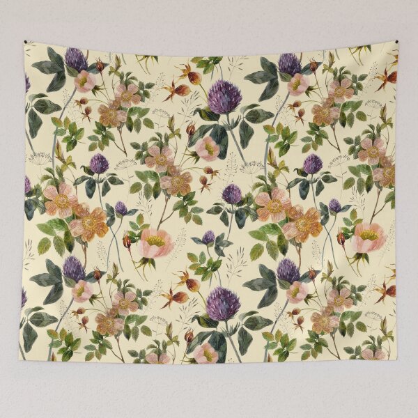 Item preview, Watercolor rosehip, clover, forest herbs. Floral pattern on a beige background. designed and sold by margo-soleil.