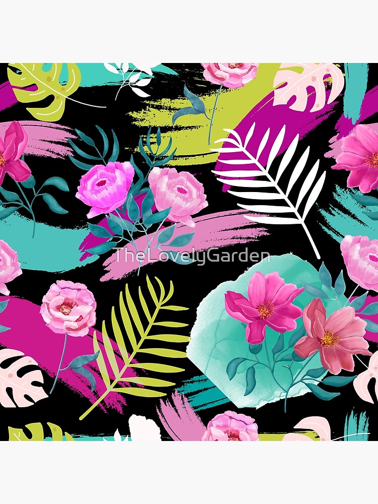 "Vibrant Tropical, Jungle Flowers, Monstera and Palm Leaves" Poster for