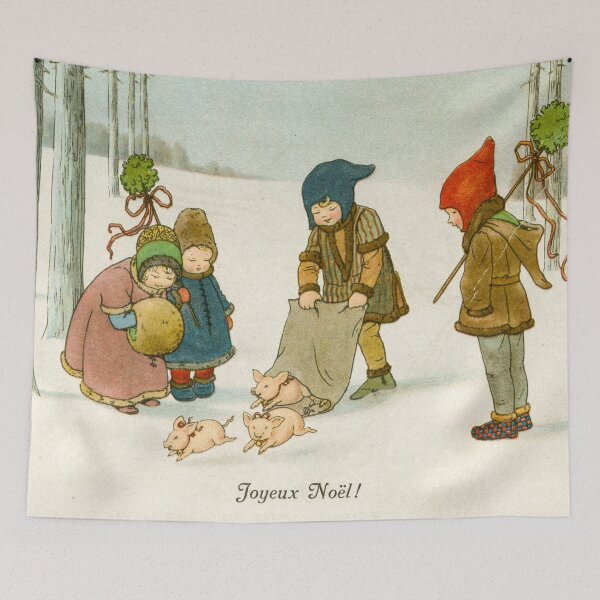 Item preview, Vintage Retro Old Merry Christmas Outdoor Scenery Cheerful Kids And Swines Nostalgic Childhood Art Decor designed and sold by AesthetesLegacy.