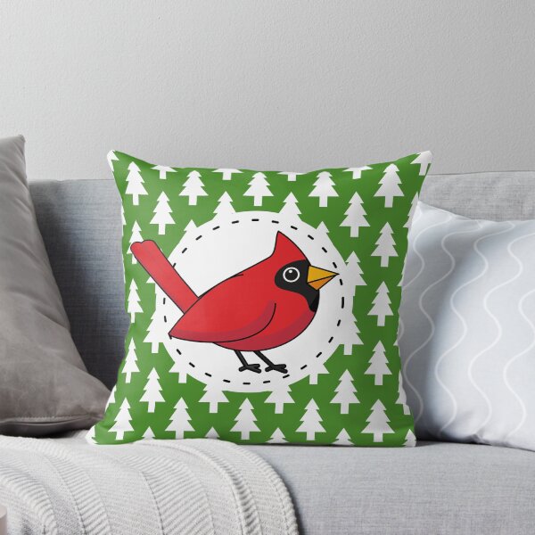 Item preview, Cartoon Red Cardinal on Green White Pines Pattern designed and sold by BirdAtWork.