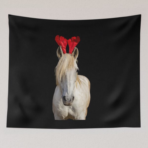 Item preview, Christmas Lusitano horse, black background, cute and funny, red hat.  designed and sold by AylaHarbich.