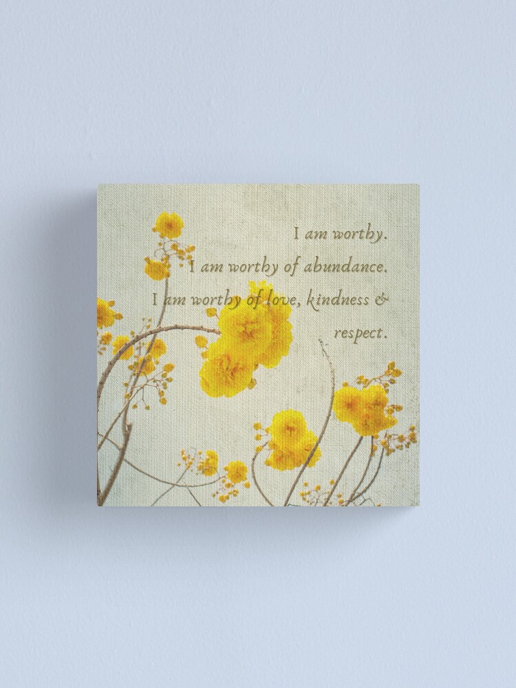 Thumbnail 2 of 3, Canvas Print, Vintage Green and Yellow I Am Worthy Embodiment Affirmation with Flowers designed and sold by Embodied Goddesses.