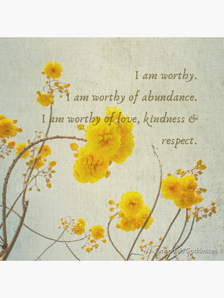 Thumbnail 3 of 3, Canvas Print, Vintage Green and Yellow I Am Worthy Embodiment Affirmation with Flowers designed and sold by Embodied Goddesses.