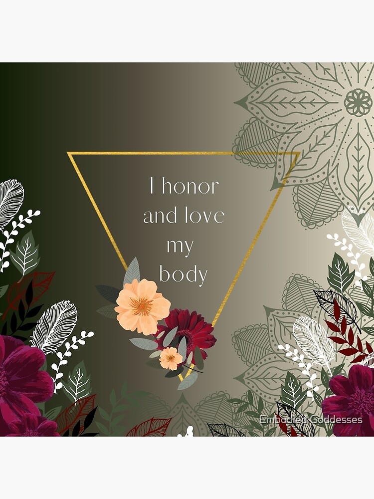 Thumbnail 2 of 2, Tote Bag, Red Green and Gold I Honor and Love My Body Embodiment Affirmation with Flowers designed and sold by embodiedg.