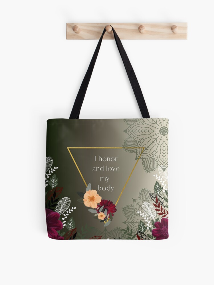 Thumbnail 1 of 2, Tote Bag, Red Green and Gold I Honor and Love My Body Embodiment Affirmation with Flowers designed and sold by embodiedg.