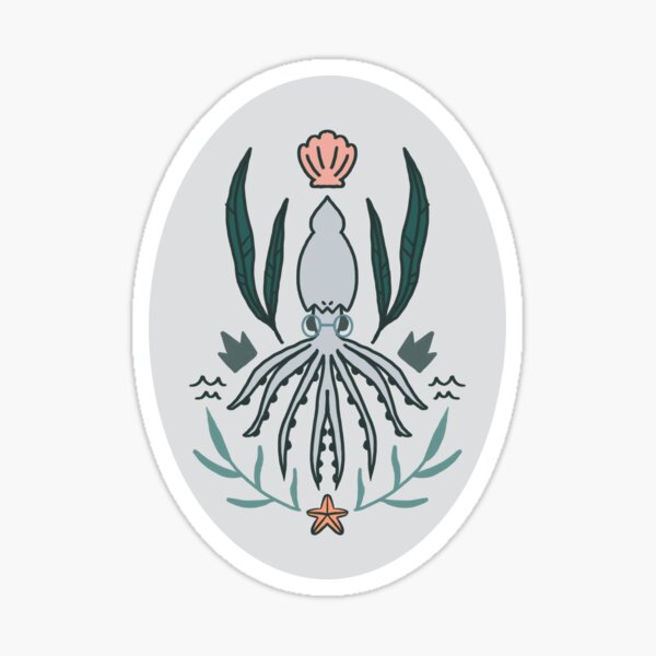 Vista previa del artículo con la obra «Calamar simétrico # 1 - Patrón de ilustración de criatura acuática azul y verde», diseñado y vendido por TheRainbowRoom.