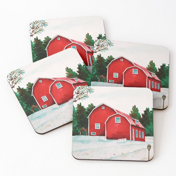 Item preview, Red Barns in winter - watercolor painting designed and sold by Kate Holloman Art.