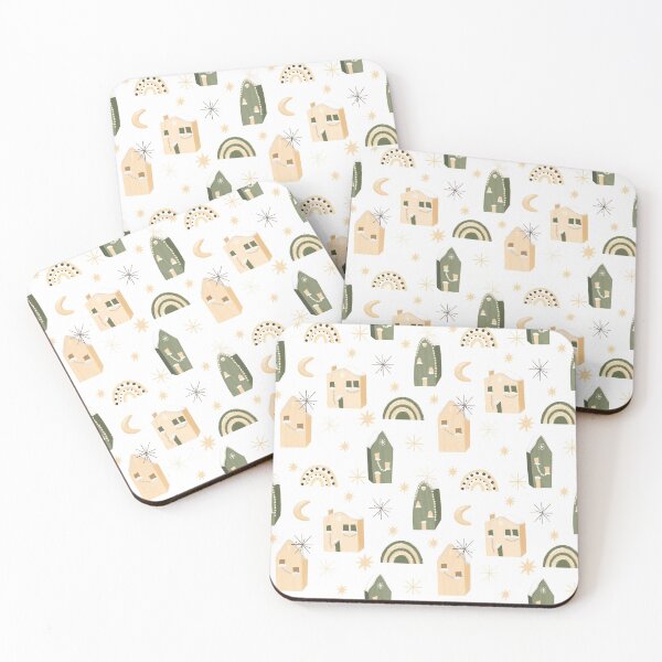 Item preview, Green and cream homes in a starry winter setting designed and sold by Kari Nichols.