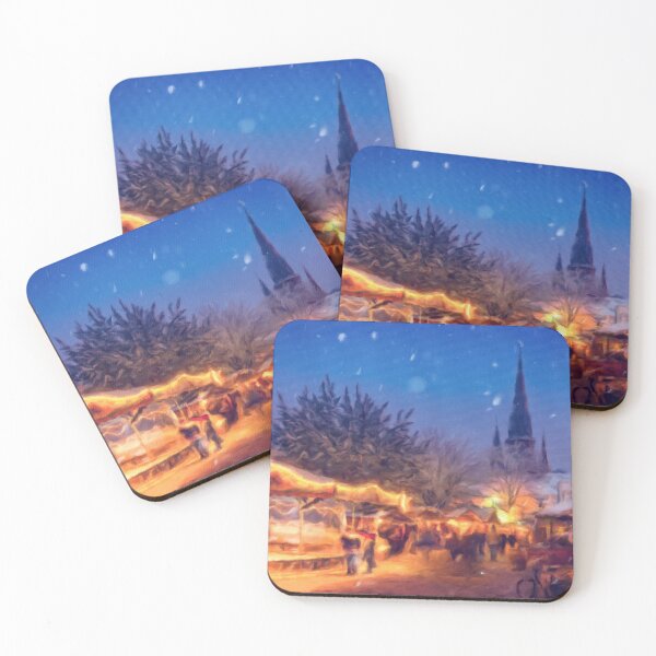 Item preview, Snowy Christmas Lights Market Evergreen Pine Tree Church Digital Painting designed and sold by Zeph1.