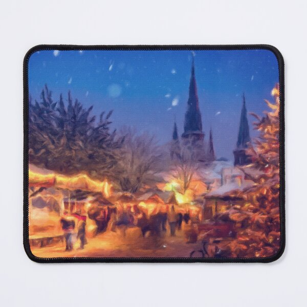 Item preview, Snowy Christmas Lights Market Evergreen Pine Tree Church Digital Painting designed and sold by Zeph1.