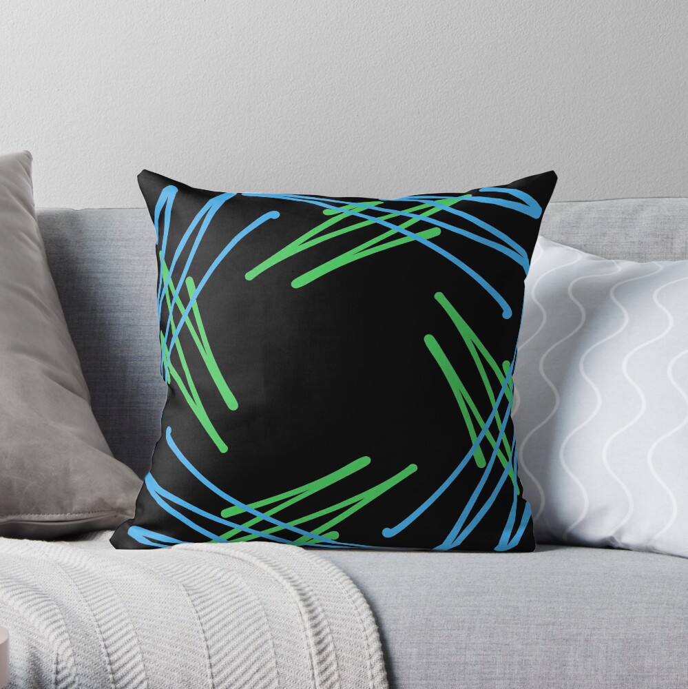 Blue Green Hand Drawn Zig Zag Square Abstract Throw Pillow