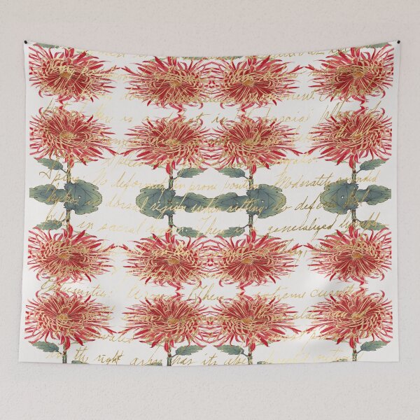 Item preview, Artsy Handwriting with Red Gold Chrysanthemum Keiko Hasegawa Pattern designed and sold by SeaChangeDesign.