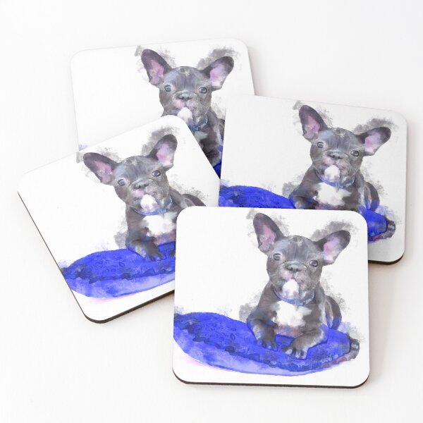 Item preview, Cute Black And White Bulldog Puppy On A Blue Cusion Digital Portrait  designed and sold by NeavesPhoto.