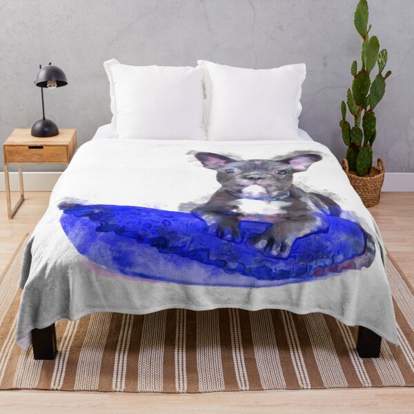 Item preview, Cute Black And White Bulldog Puppy On A Blue Cusion Digital Portrait designed and sold by NeavesPhoto.