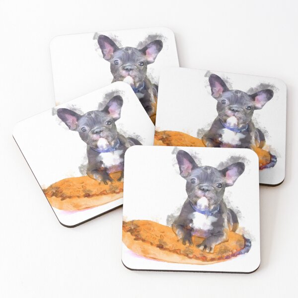 Item preview, Cute Black And White Bulldog Puppy On A Orange Cusion Digital Portrait  designed and sold by NeavesPhoto.