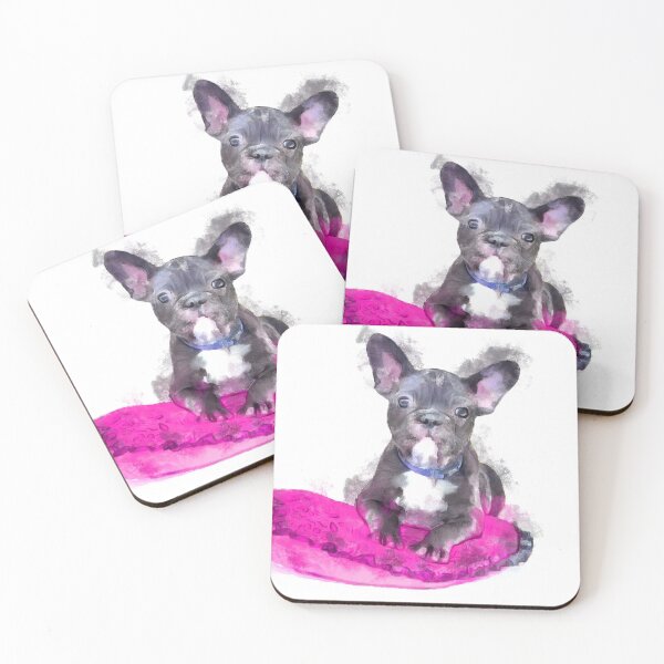 Item preview, Cute Black And White Bulldog Puppy On A Pink Cusion Digital Portrait  designed and sold by NeavesPhoto.