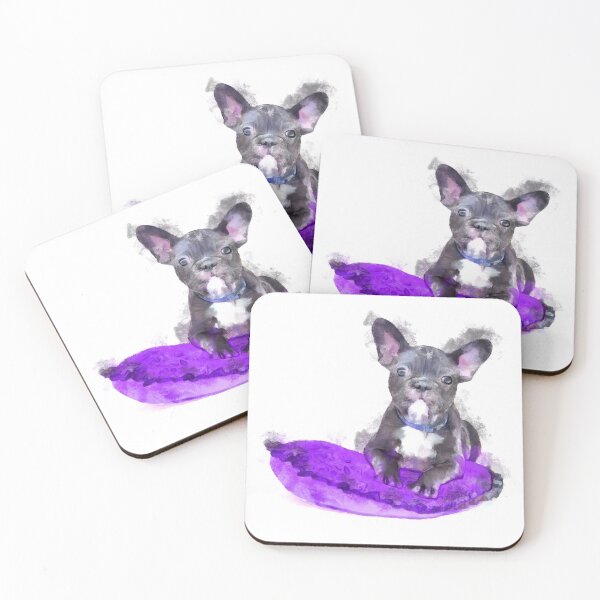 Item preview, Cute Black And White Bulldog Puppy On A Purple Cusion Digital Portrait  designed and sold by NeavesPhoto.