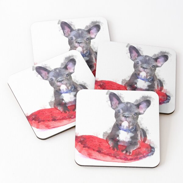 Item preview, Cute Black And White Bulldog Puppy On A Red Cusion Digital Portrait  designed and sold by NeavesPhoto.