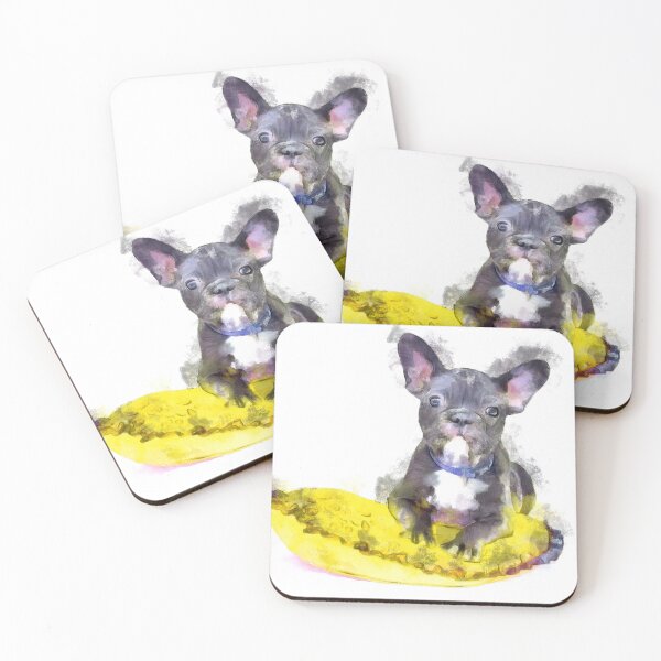 Item preview, Cute Black And White Bulldog Puppy On A Yellow Cusion Digital Portrait  designed and sold by NeavesPhoto.