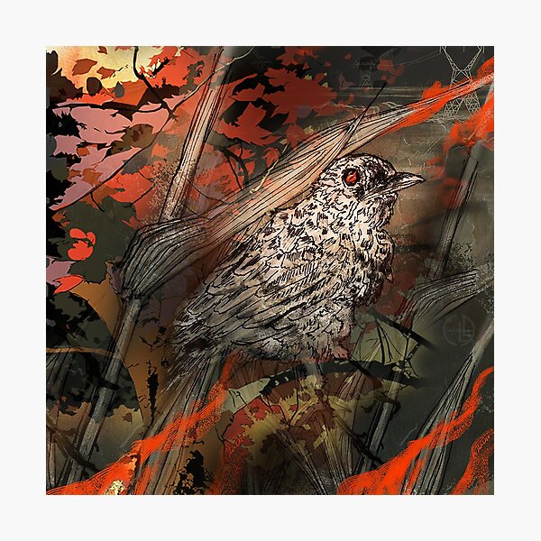 Item preview, Fire bird songbird perched in a flaming field designed and sold by sandpaperdaisy.