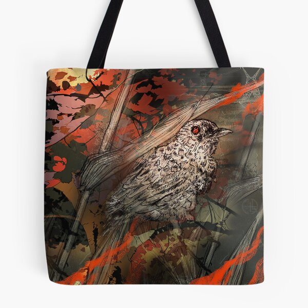 Item preview, Fire bird songbird perched in a flaming field designed and sold by sandpaperdaisy.