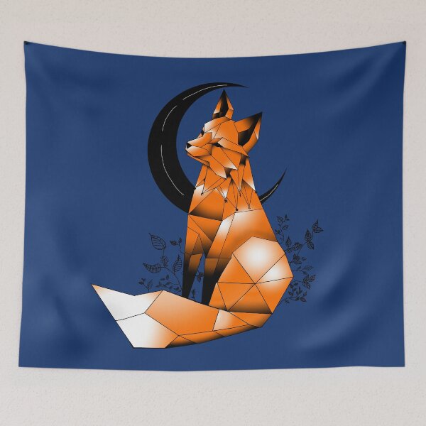 Item preview, Geometric Fox with crescent Moon and leaves Navy Blue background designed and sold by DemonicGloom.