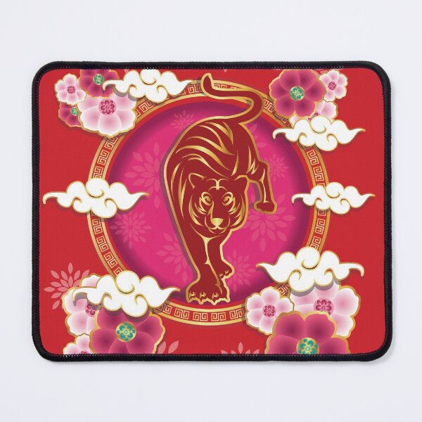 Item preview, Happy Chinese New Year 2022 Year of the Tiger - Red Tiger Pink Flowers - Fire Engine Red designed and sold by johnta17.