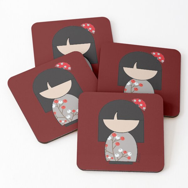 Item preview, Japanese Kokeshi Doll White and Red Flower Buds Print designed and sold by lmcvinco.