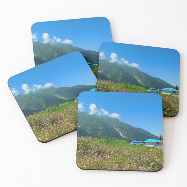 Item preview, Pink flowers, green grass, blue roofs, mountains and clouds of lush valley of kashmir. Love nature. designed and sold by TheNatureTalent.