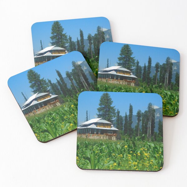 Item preview, Travel Kashmir. Arang Kel valley. Beautiful green grass, yellow flowers, a sloped roof house or hut in a meadow with mountains and cloudy blue sky in background. AJK Pakistan. designed and sold by TheNatureTalent.