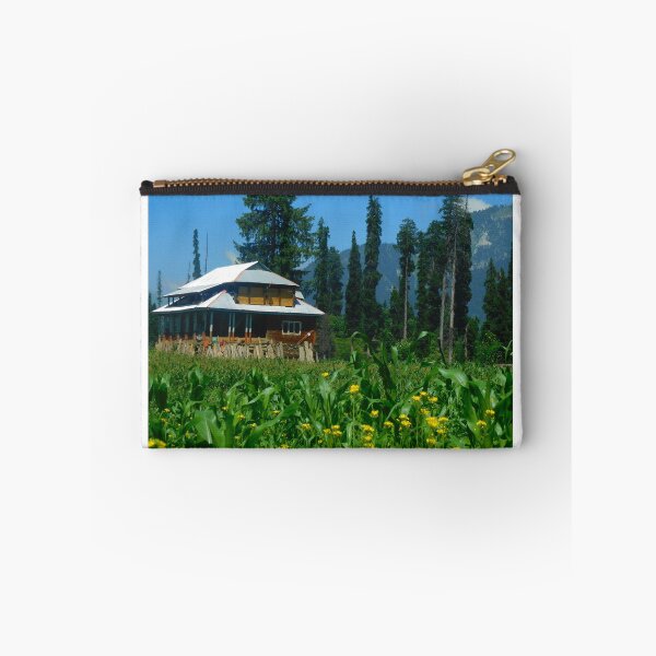 Item preview, Travel Kashmir. Arang Kel valley. Beautiful green grass, yellow flowers, a sloped roof house or hut in a meadow with mountains and cloudy blue sky in background. AJK Pakistan. designed and sold by TheNatureTalent.
