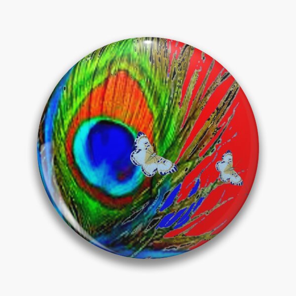 Item preview, BLUE PEACOCK FEATHERS BUTTERFLIES RED ART PATTEREN designed and sold by sharlesart.