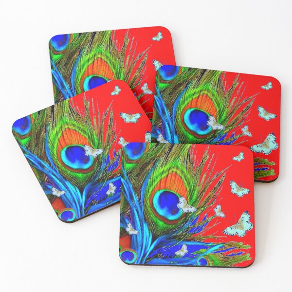 Item preview, BLUE PEACOCK FEATHERS BUTTERFLIES RED ART PATTEREN designed and sold by sharlesart.