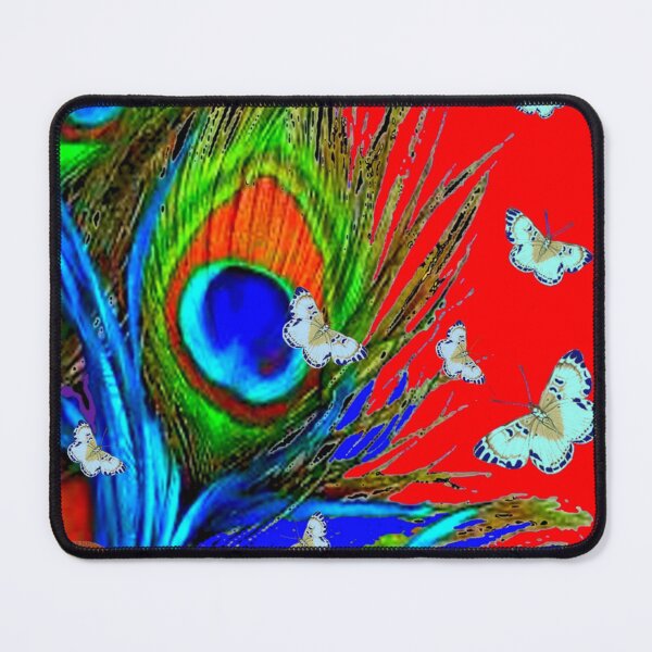 Item preview, BLUE PEACOCK FEATHERS BUTTERFLIES RED ART PATTEREN designed and sold by sharlesart.