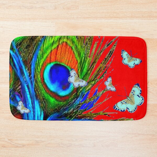 Item preview, BLUE PEACOCK FEATHERS BUTTERFLIES RED ART PATTEREN designed and sold by sharlesart.
