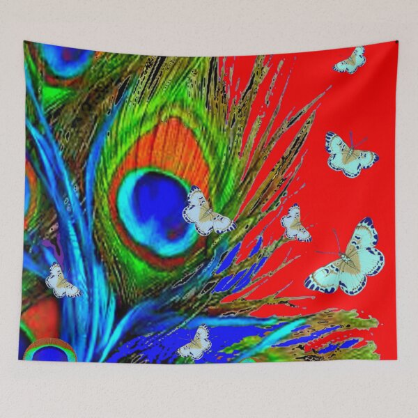 Item preview, BLUE PEACOCK FEATHERS BUTTERFLIES RED ART PATTEREN designed and sold by sharlesart.