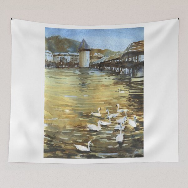 Item preview,  Swan artwork Lucerne Chapel Bridge artwork Switzerland painting designed and sold by rfoxphoto.