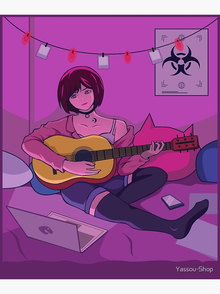 Japanese Anime Cute Girl playing guitar with toxic symbol Japanese Anime Cute Girl playing guitar with toxic symbol