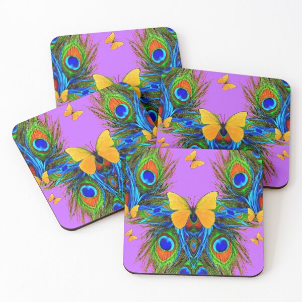 Item preview, YELLOW BUTTERFLIES BLUE PEACOCK FEATHERS LILAC ART   designed and sold by sharlesart.
