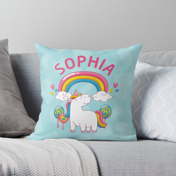 Personalised Sophia design with smiling Unicorn and Rainbow Throw Pillow