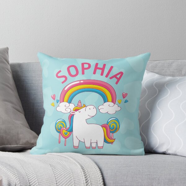 Personalised Sophia design with smiling Unicorn and Rainbow Throw Pillow