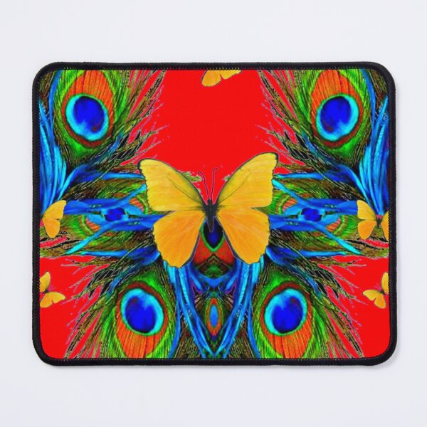 Item preview, YELLOW BUTTERFLIES BLUE PEACOCK FEATHERS RED ART designed and sold by sharlesart.